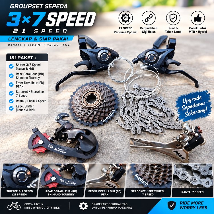 Groupset Sepeda 3x7 Speed 21 Speed Lengkap Shimano Tourney | Shifter RD FD Freewheel Rantai