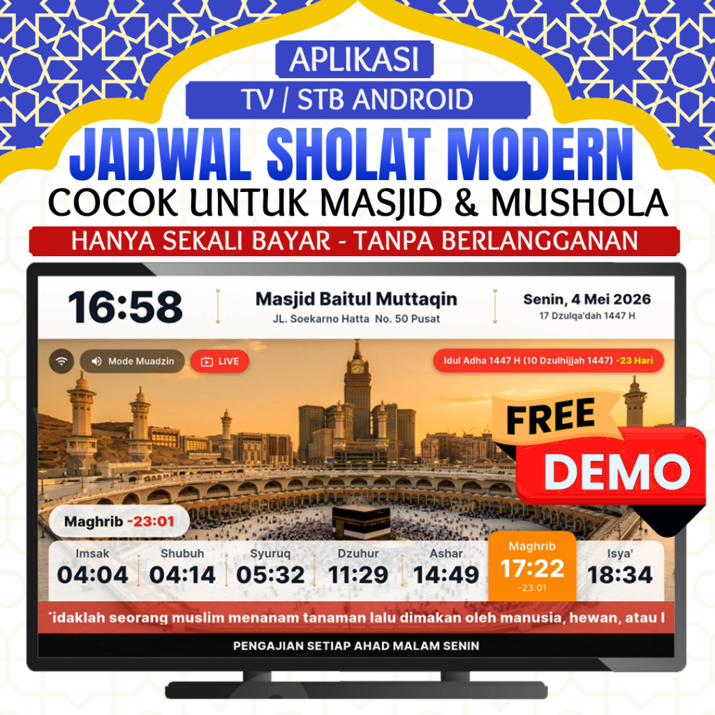 Lisensi Software Jam Waktu Sholat TV Masjid & Mushola Bebas Berlangganan - Jam Jadwal Sholat TV Digi
