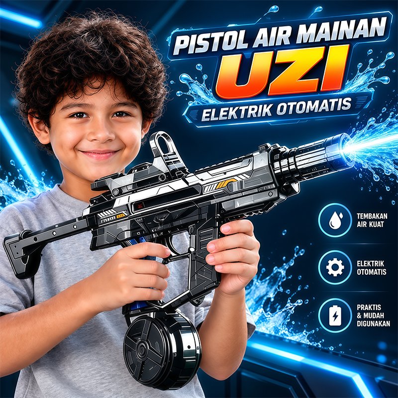 Mainan Pistol Air Listrik UZI Rechargeable Otomatis Tekanan Tinggi LED Semprotan Jauh Anak
