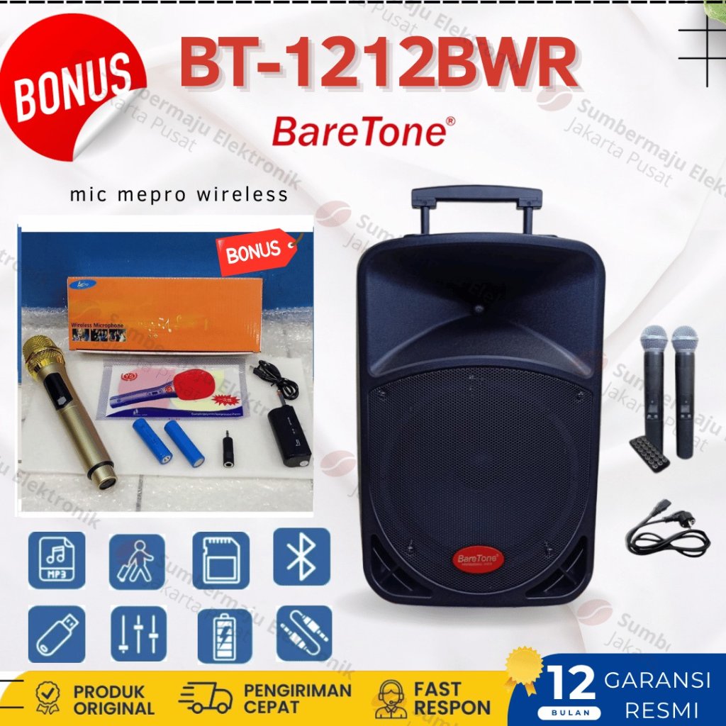 Speaker portabel Baretone BT 1212 BWR / BT1212BWR / BT 1212BWR Speaker Portable 12inch + BONUS mic w