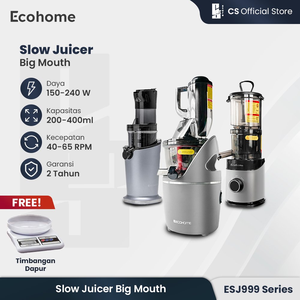 ECOHOME Slow Juicer Big Mouth ESJ 999BM 55 RPM Pengekstrak Buah Low Watt Easy Clean Multifungsi ESJ 
