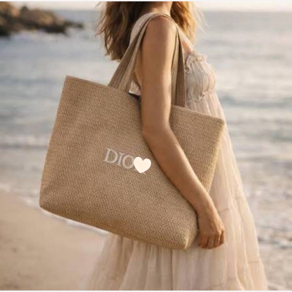 Dior Rattan Woven Tote Bag - Pouch - Tas Make Up - Beige | Tas Pantai Besar