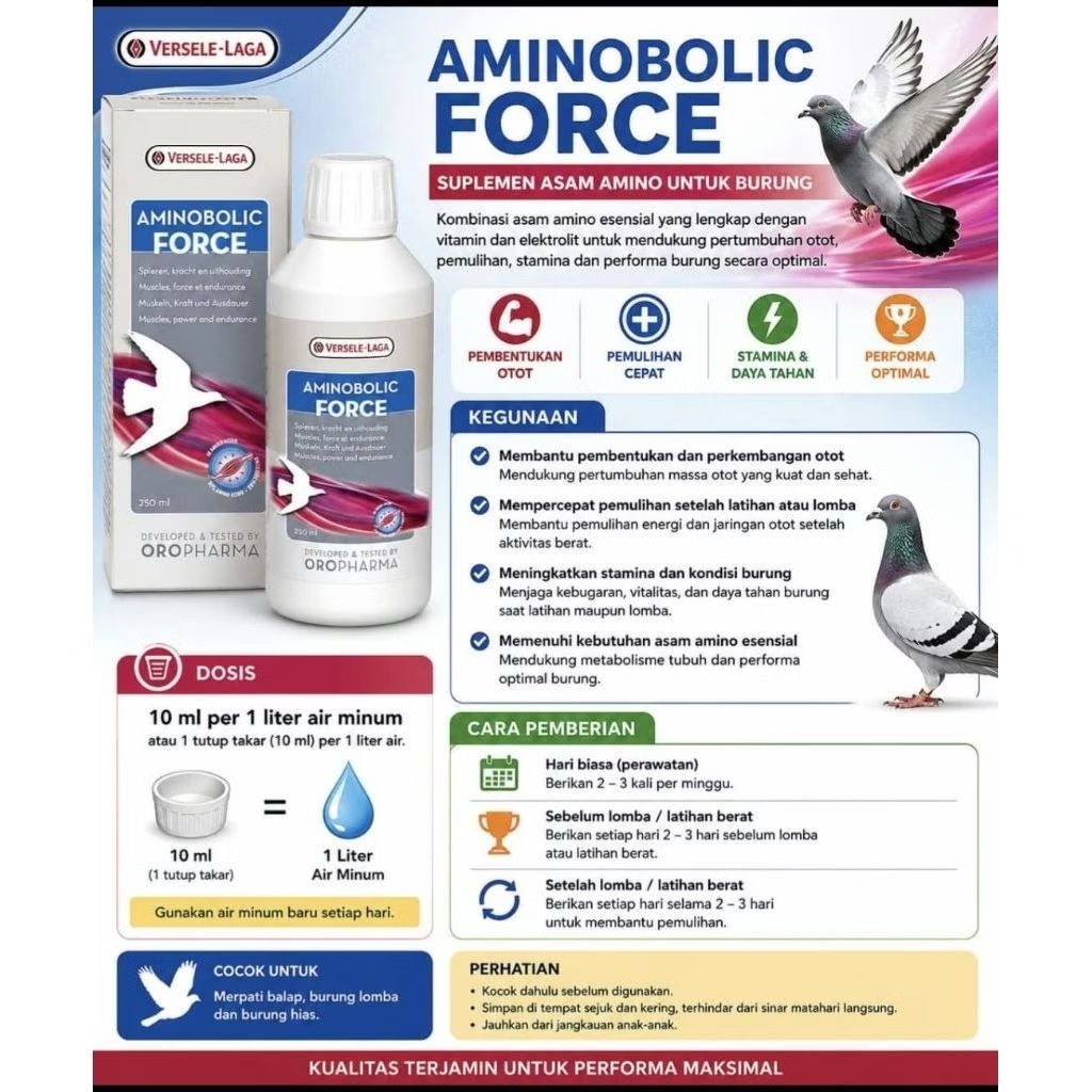 Versele Laga Aminobolic Force Repack 10 ml & 25 ml untuk meningkatkan performa dan stamina optimal