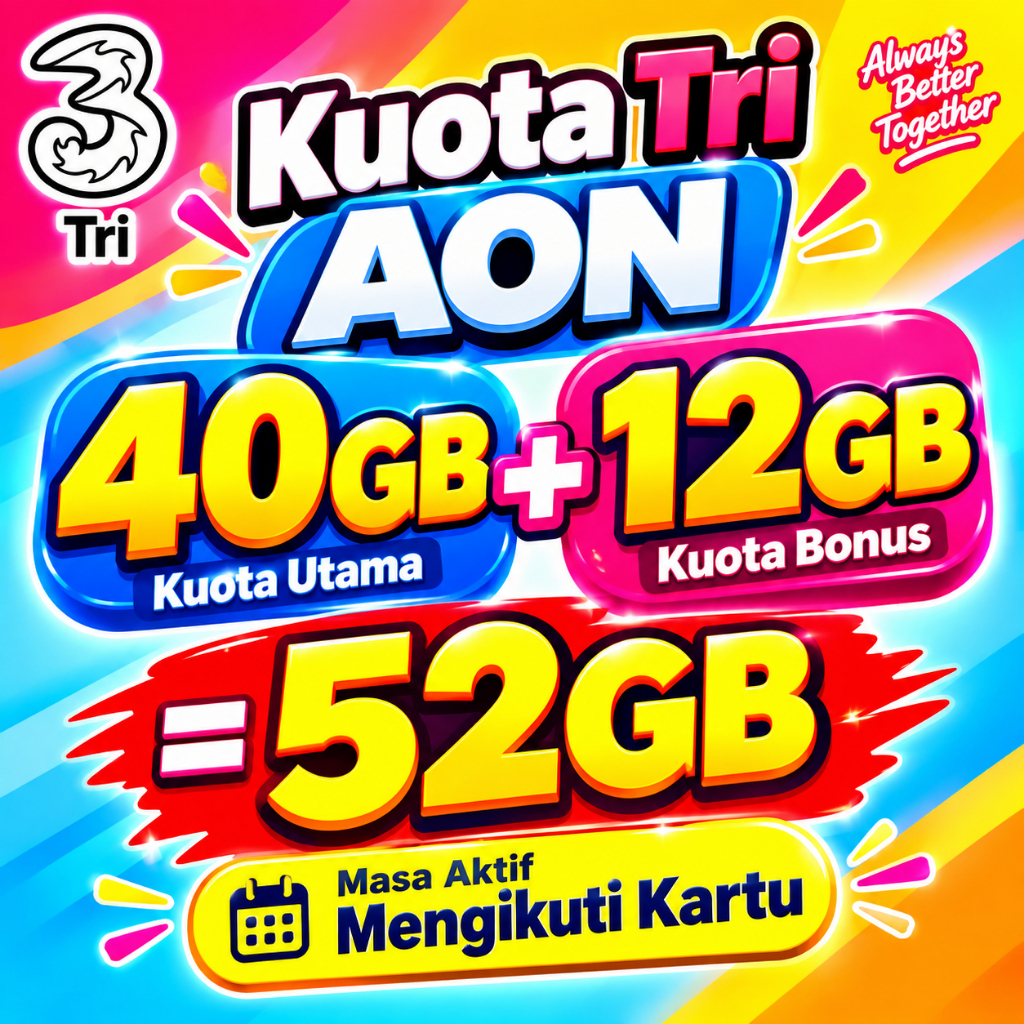 Tri AON 40GB + Bonus 12GB Total 52GB Masa Aktif Mengikuti Kartu Nasional | Tri AON 52GB