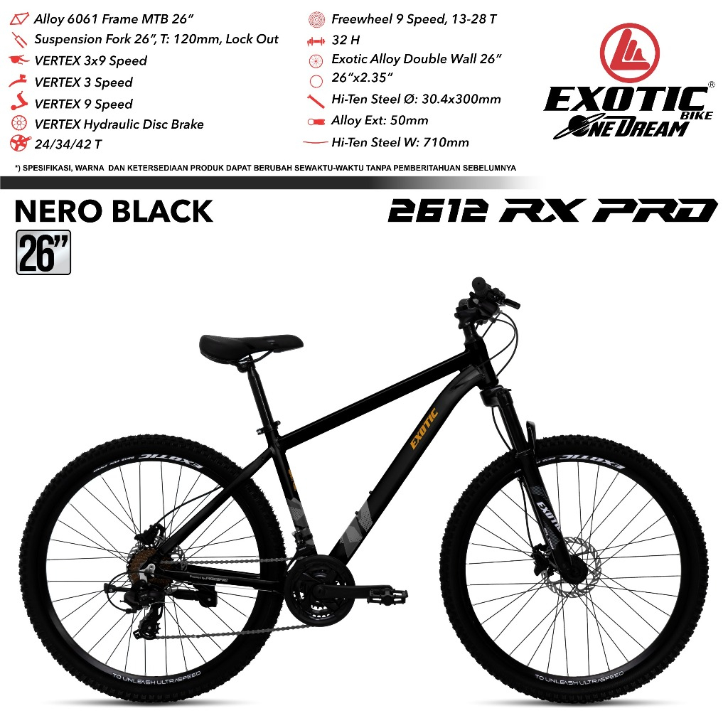 sepeda gunung mtb 26 inch exotic 2612 rx pro  frame alloy sepeda mtb 26 exotic 2612 rx pro 9 speed