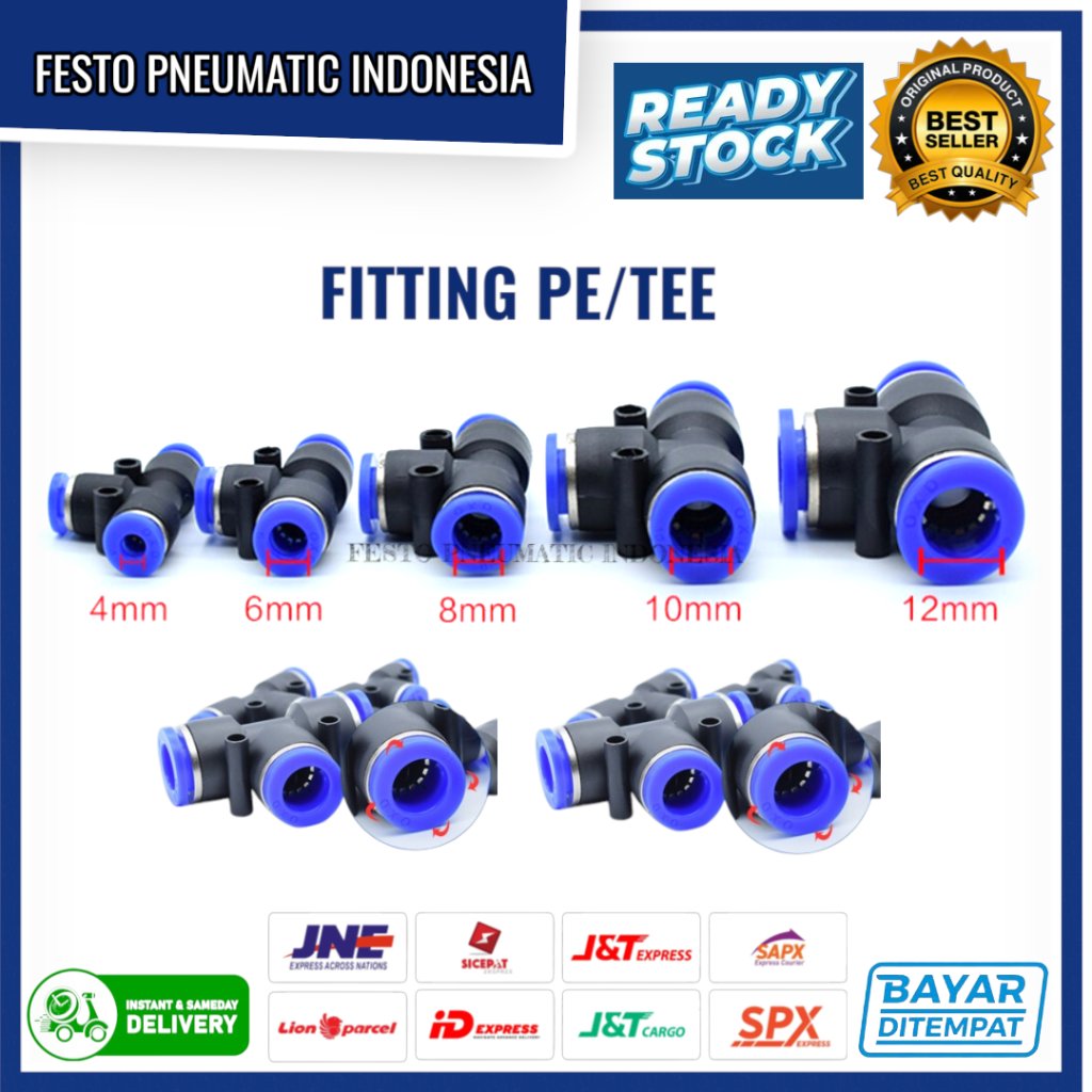 PE-12 Fitting Pneumatic PE/TEE 12x12x12 mm sliplock