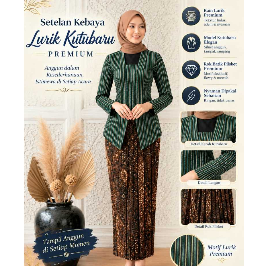 Setelan Kebaya lurik Hijau Abu dan  Rok Batik Plisket Wanita Dewasa Premium I Setelan Kebaya Lurik d