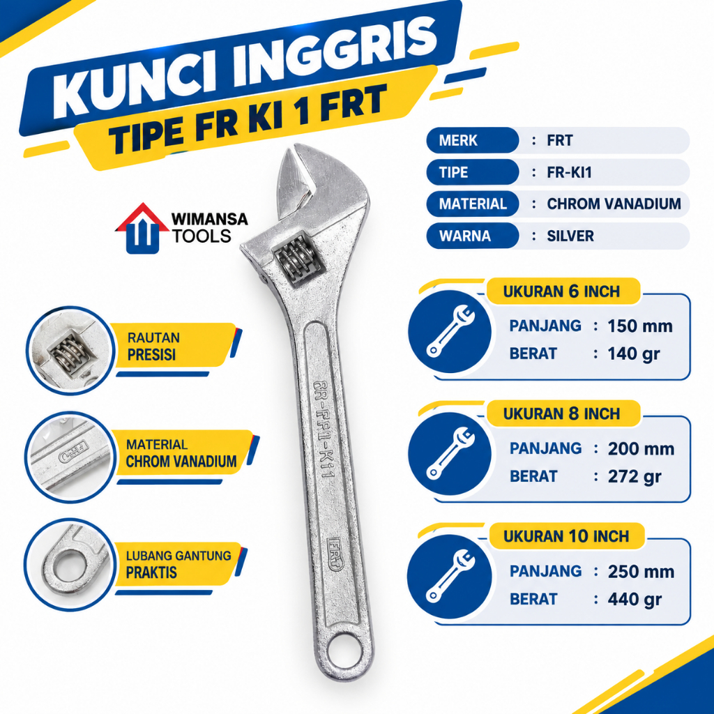 KUNCI INGGRIS TIPE FR KI 1 FRT - CHROM VANADIUM - adjustable wrench - adjustable spanner - swedish k