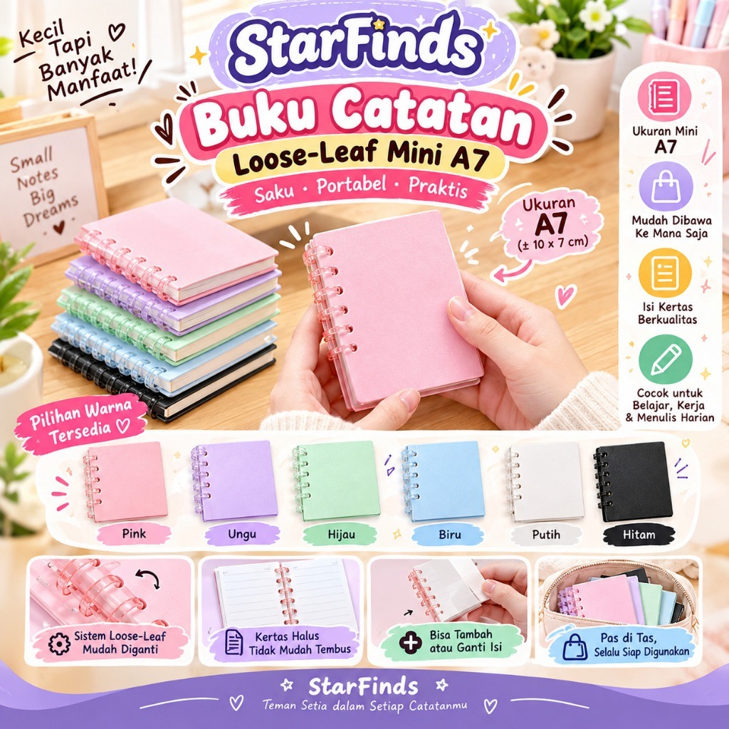 Buku Catatan Mini A7  Loose Leaf Praktis dan Portabel