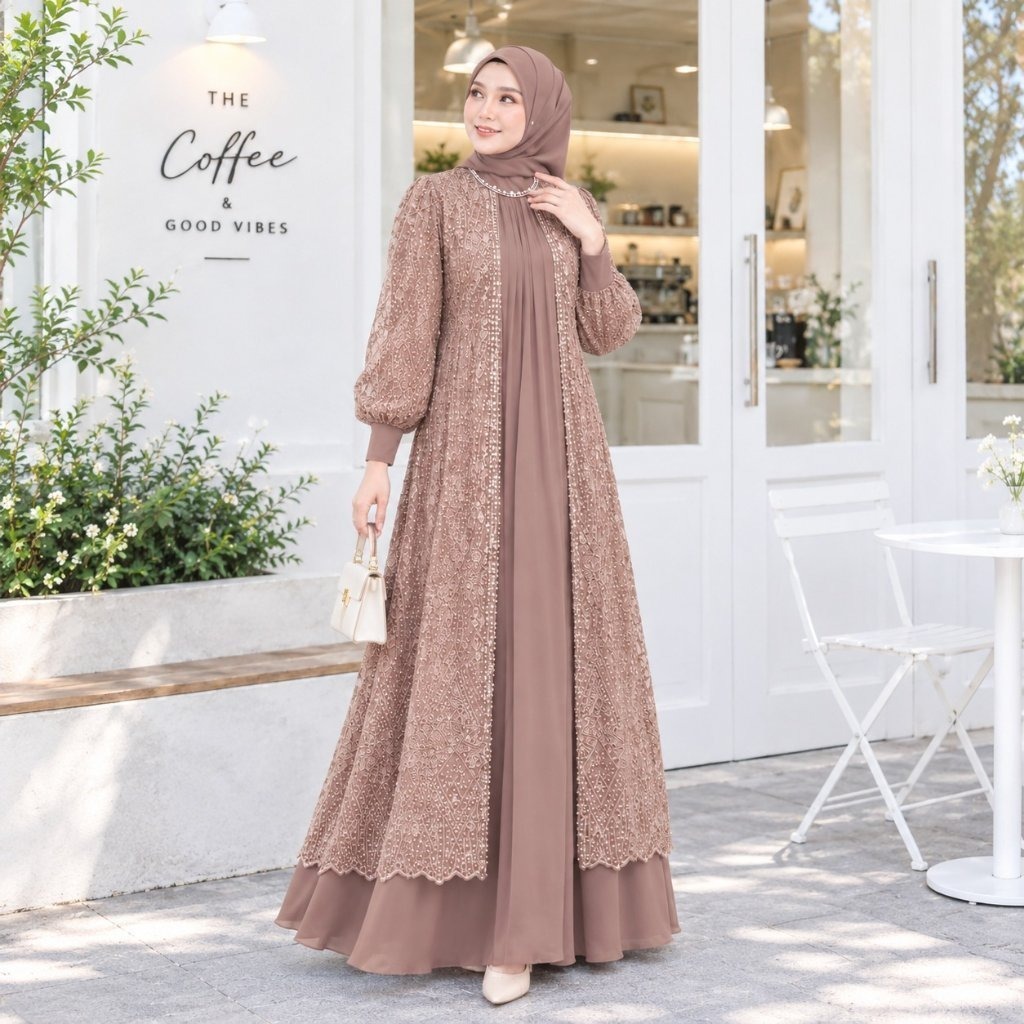 Gamis Brokat Mewah Elegan Kekinian Naura Dress BC Bahan Ceruty Babydoll Mix Brukat Spangle Aplikasi 