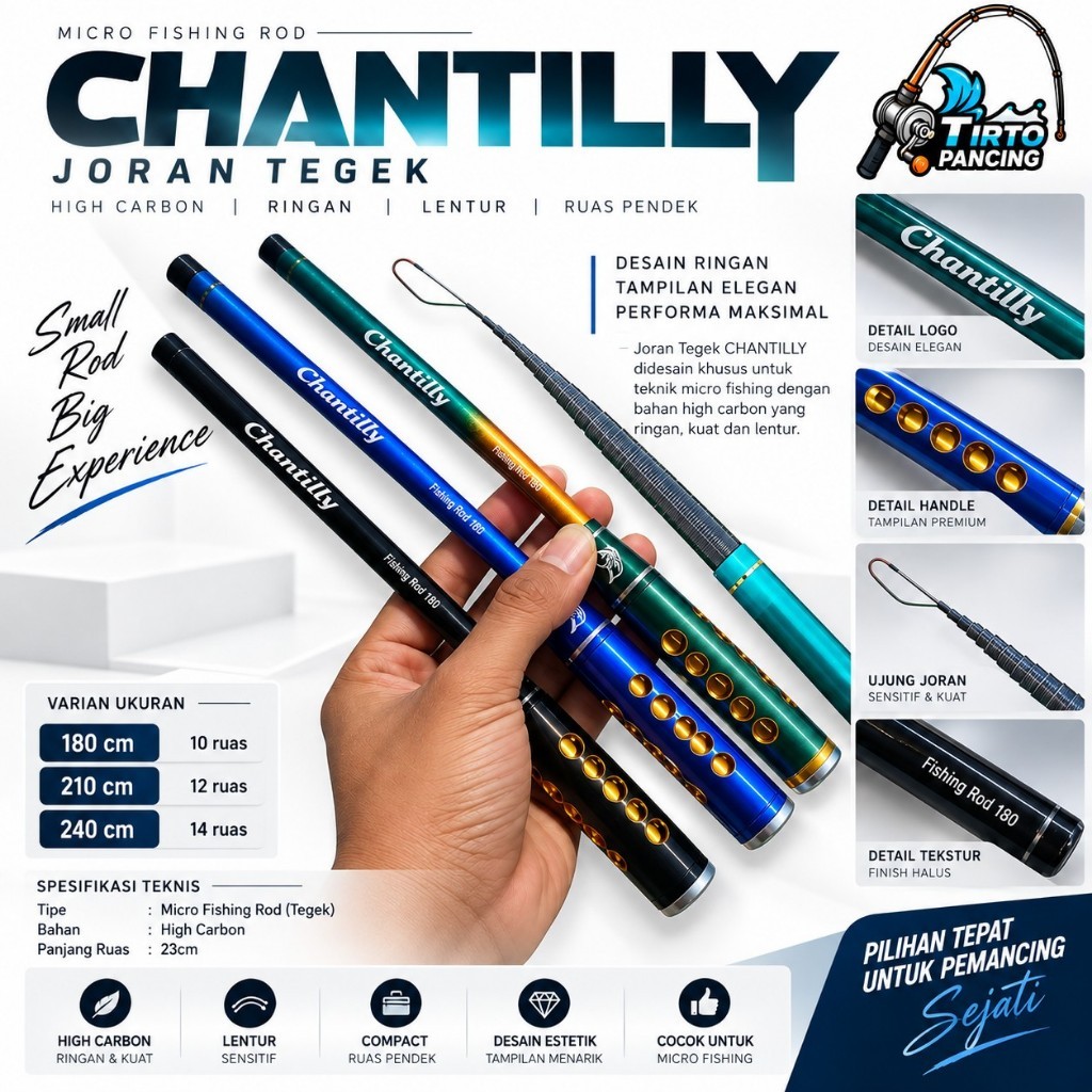 Joran Tegek CHANTILLY Micro Fishing Rod Ruas 23cm High Carbon Ringan dan Lentur