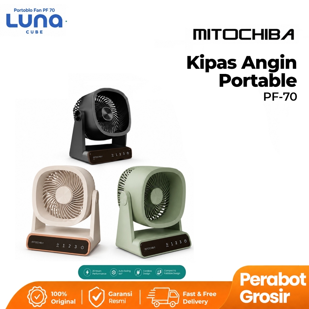 MITOCHIBA Luna Cube PF70 Kipas Angin Portable Rechargeable 4000mAh | Rotasi 360° Mini Fan Touchscree