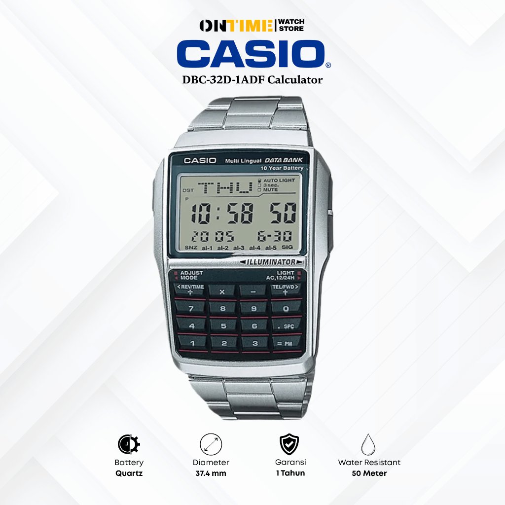 Jam Tangan Digital Casio DBC-32D-1ADF Data Bank Kalkulator Quartz 37.4mm Stainless Steel 50M