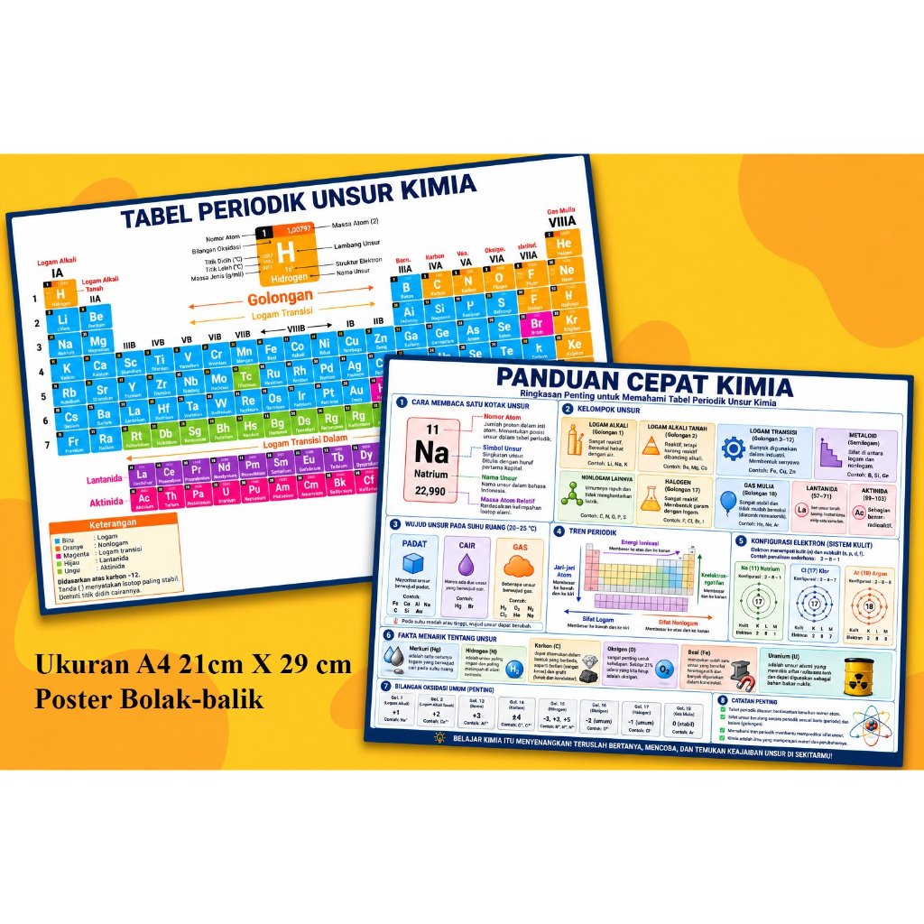 Poster Bolak-Balik Tabel Periodik Unsur Kimia & Panduan Cepat Kimia