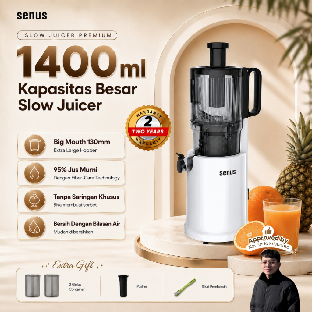SENUS Slow Juicer Pro | Pengekstrak Buah Tanpa Ampas Ukuran Besar 1400ml 220W