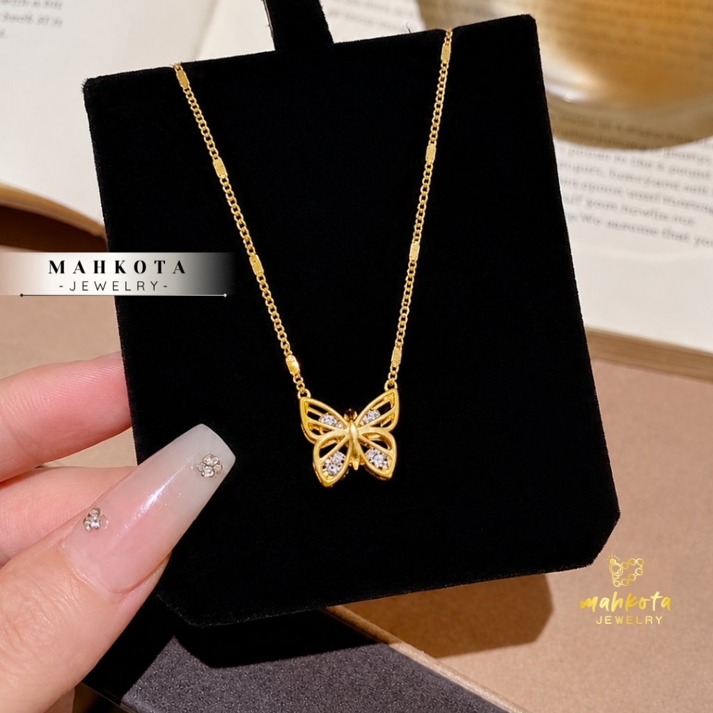 K276 Kalung Liontin Kupu-Kupu Permata Titanium Premium Wanita - Rantai Nori Pipih Link Stylist Elega