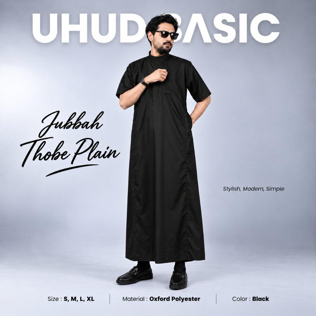 Uhud Basic - Thobe Plain Jubah Bahan Oxford Polyester Lengan Pendek Kerah Saudi Collar