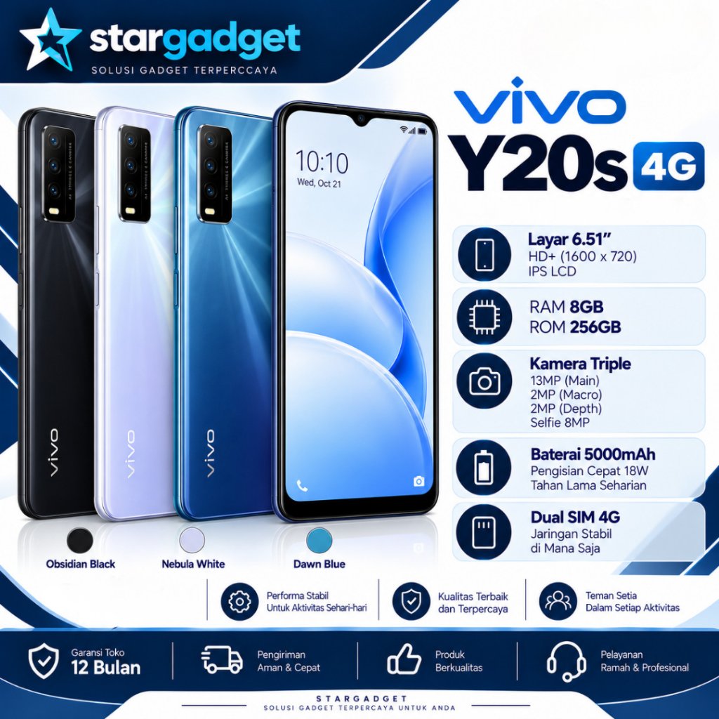 SMARTPHONE VIVO Y20S RAM 8/256GB NEW HP ANDROID MURAH FULLSET GARANSI 12 BULAN