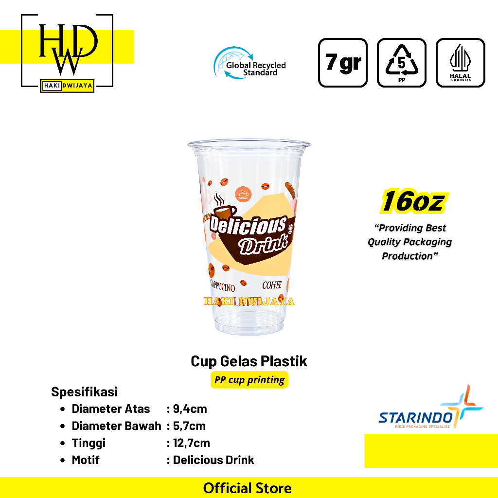 Cup Gelas Plastik Starindo Printing Delicious Gelas PP Premium Sablon Ukuran 16oz Isi 50 pcs per Slo