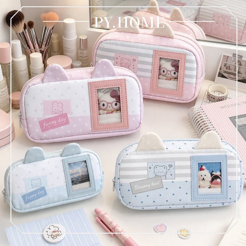 Kotak Pensil Kartun Beruang Jendela Transparan Pencil Case Kapasitas Besar Pouch Aesthetic