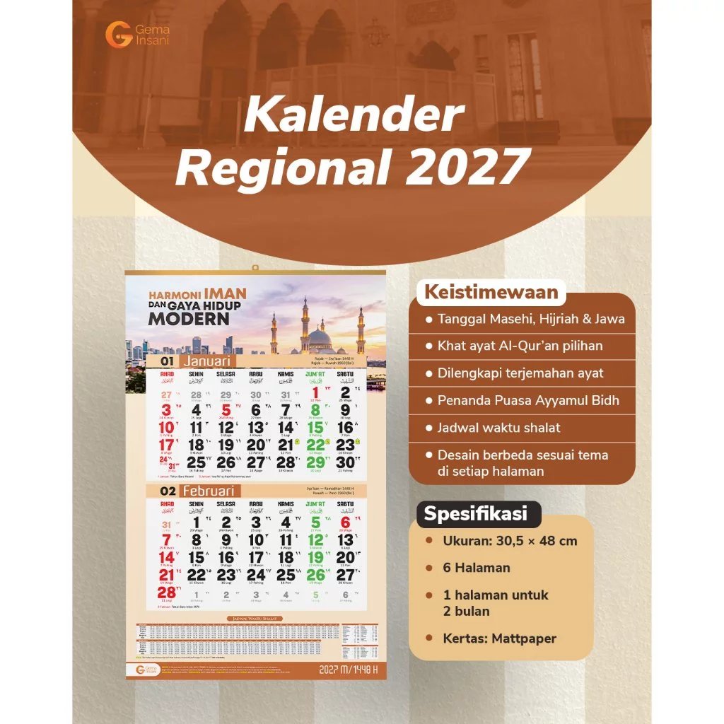 Foto Kalender Regional 2027 - Kalender Dinding 2027 - Kalender Gantung 2027 Tanggalan Gema Insani Press
