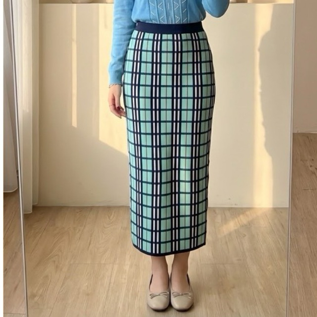 Rok Span Kotak Motif Tartan Tosca Hijau Navy Preloved Wanita Kerja Kantor