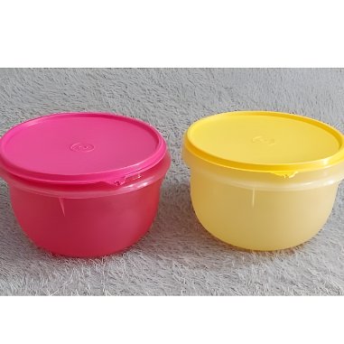 Tupperware Tempat Makan Bulat dengan Tutup – Wadah Serbaguna Pink & Kuning