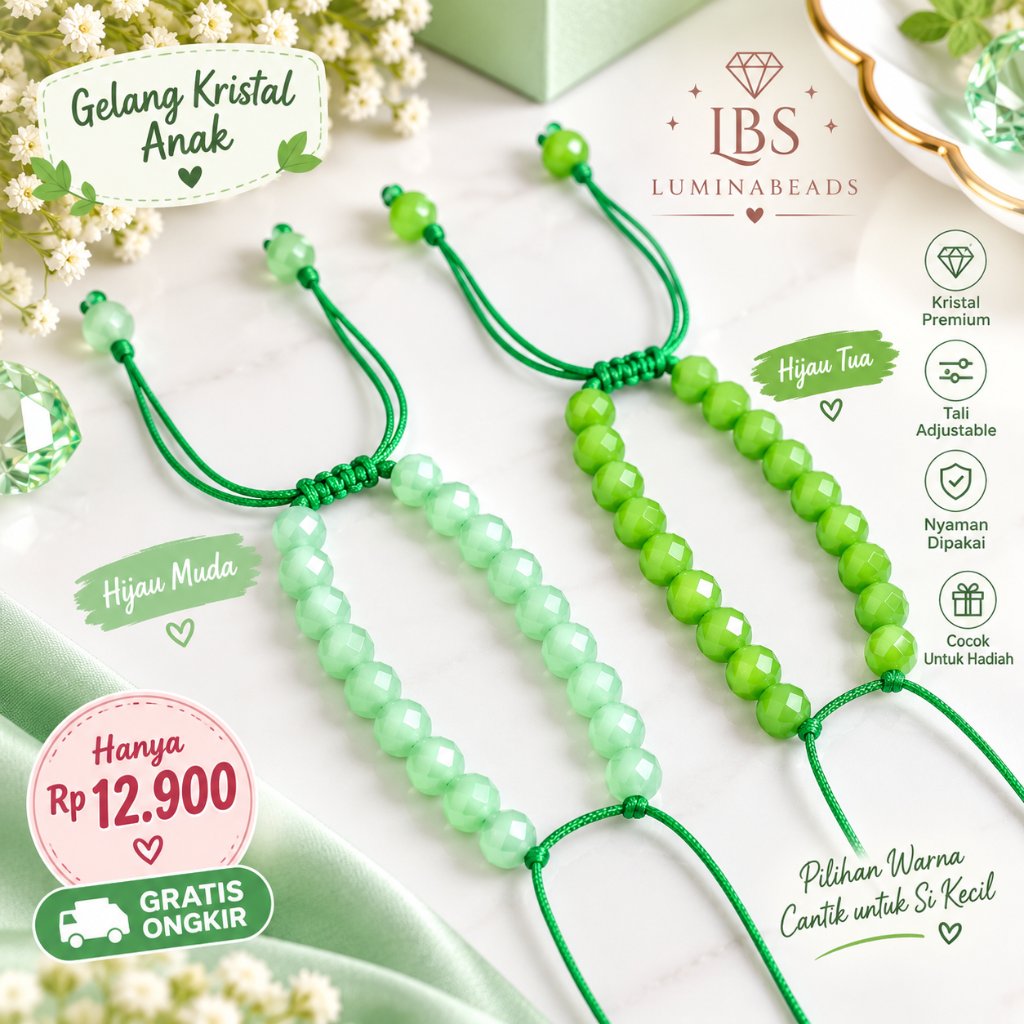 Gelang Tali Full Kristal Anak Bahan Charm Tali Adjustable Warna Hijau Muda Hijau Tua untuk Si Kecil 