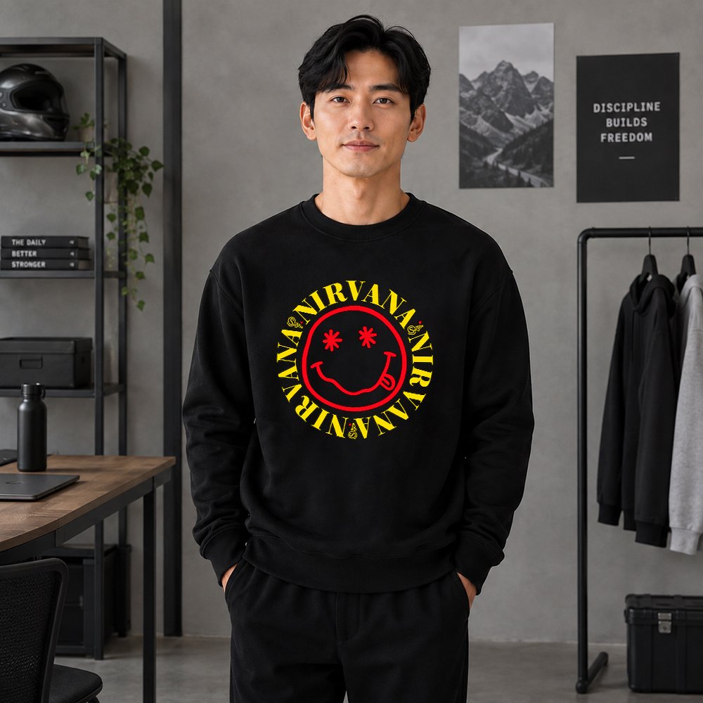 Yu Taka Sweater Crewneck Pria Graphic Band Vintage Oversize Nirvana The Beatles Oasis Metallica Swea