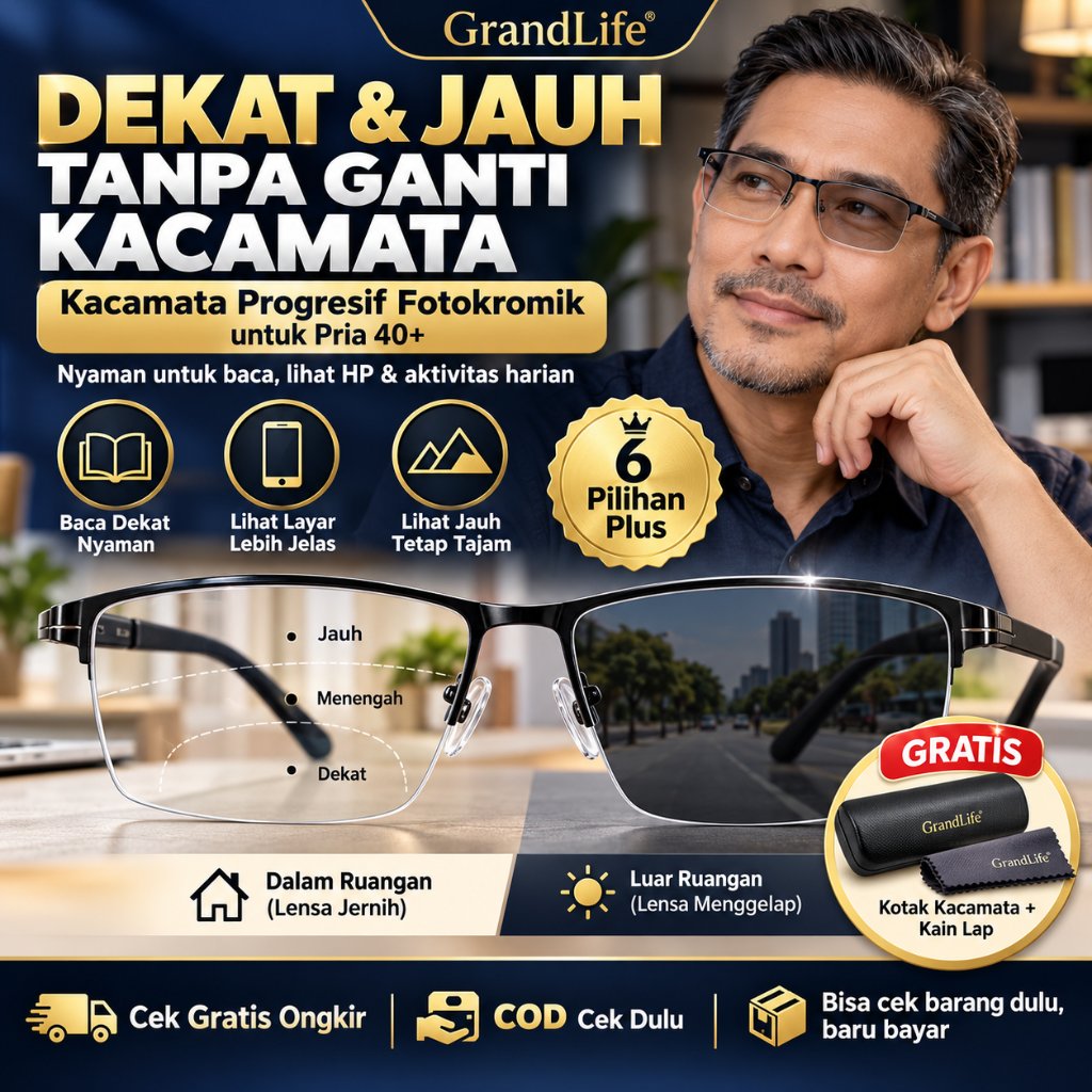 GL Kacamata Baca Plus 100 150 200 300 Pria Wanita Anti Radiasi Baca Progresif Kacamata Jalan Bifokal