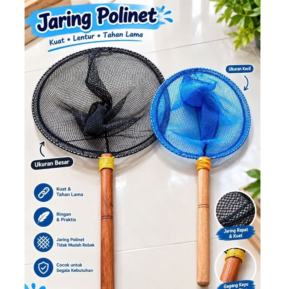 Jaring/serok ikan Polinet Tangkai Kayu - Ukuran Besar Kecil