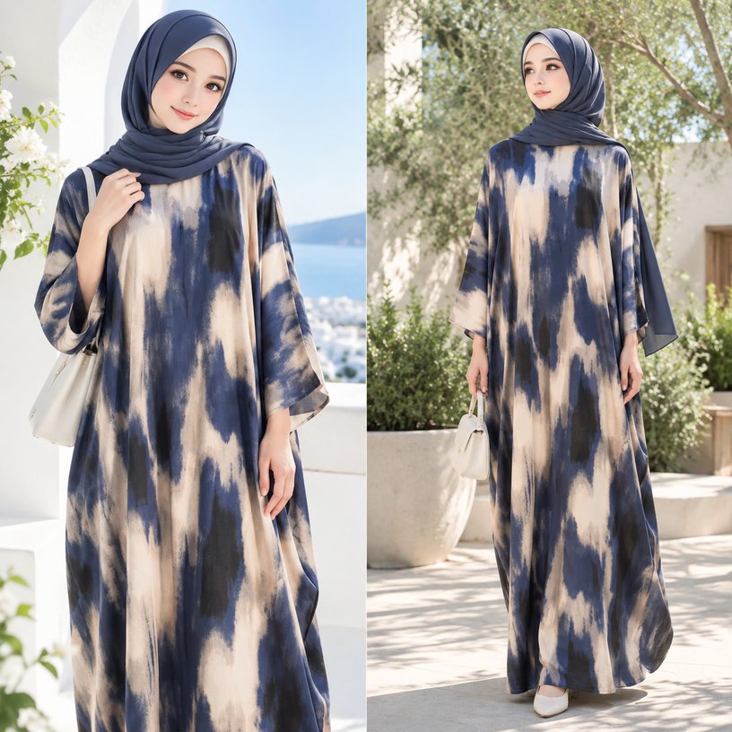 Gamis Motif Gradasi | Gamis Lengan Batwing Longgar | Dress Muslim Wanita | Set Hijab Serasi | Baju M