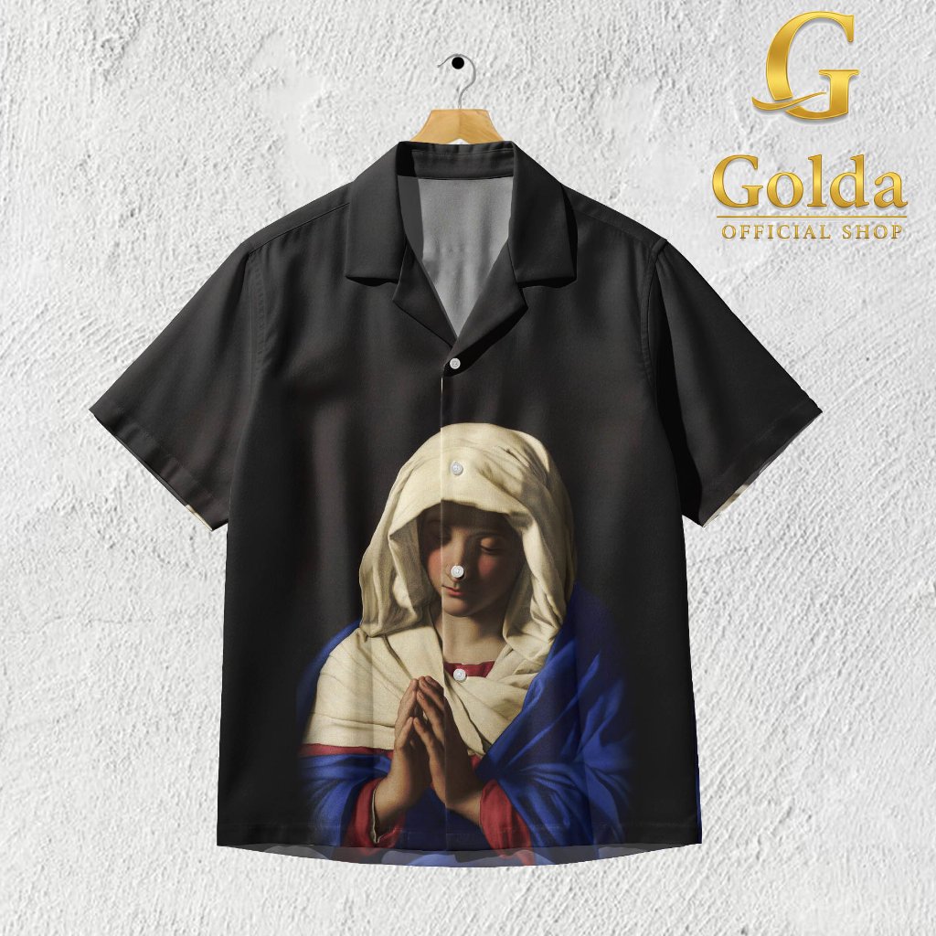 GOLDA Kemeja Motif Bunda Maria Berdoa Hitam Biru