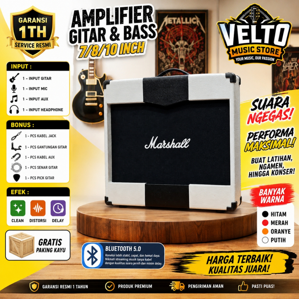 ampli gitar & bass 10/8/7 inch bluetooth 5.0 3 Input marshall ada efek distorsi & delay putih