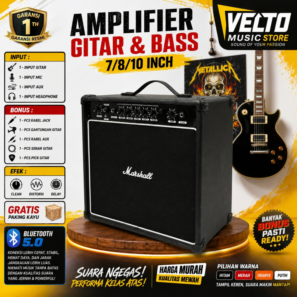 ampli gitar & bass 10/8/7 inch bluetooth 5.0 3 Input marshall with efek distorsi & delay hitam