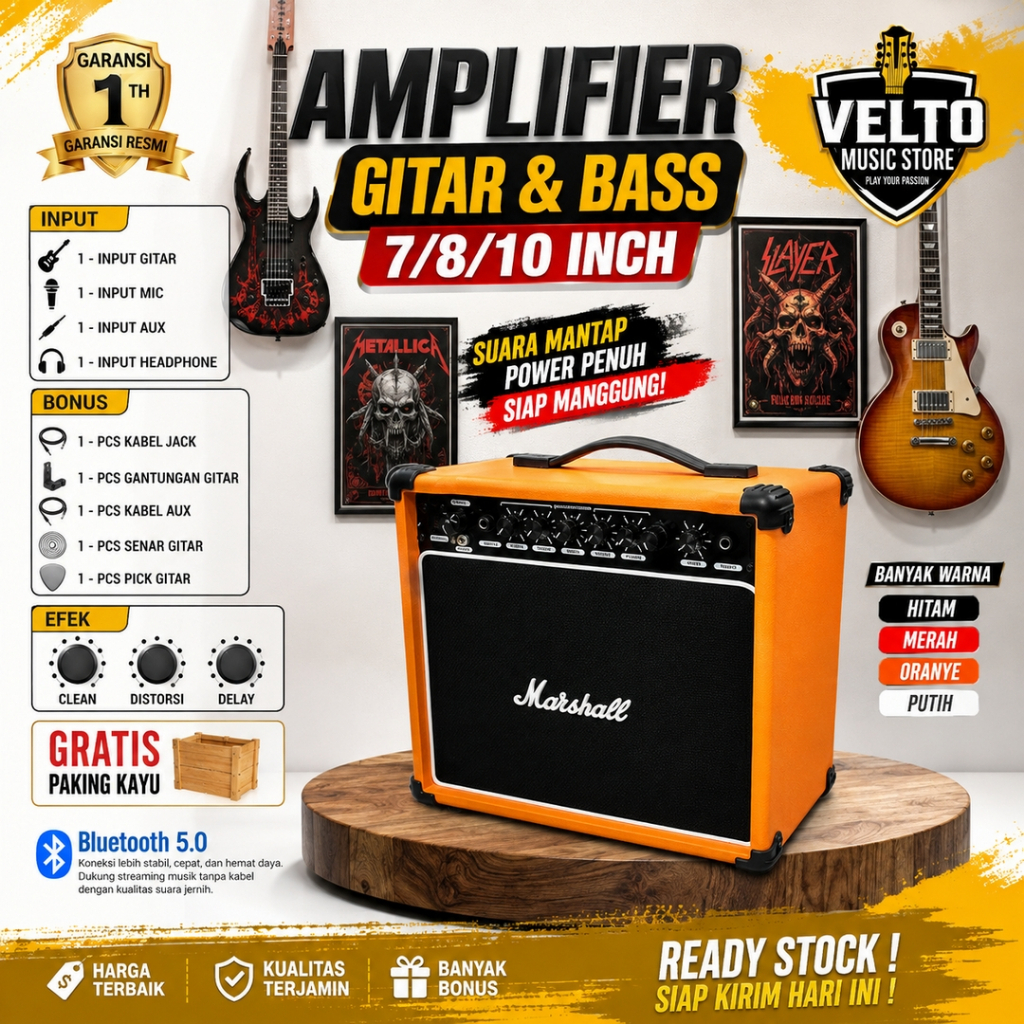 ampli gitar & bass 10/8/7 inch bluetooth 5.0 3 Input marshall with efek distorsi & delay hitam