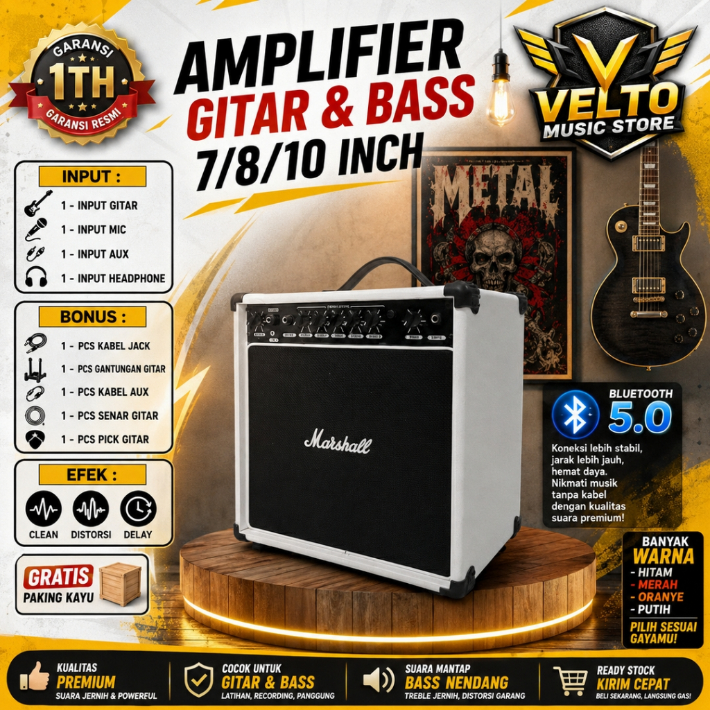 ampli gitar & bass 10/8/7 inch bluetooth 5.0 3 Input marshall with efek distorsi & delay putih