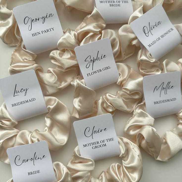 SOUVENIR BRIDESMAID PERNIKAHAN SCRUNCHIE SATIN SILK PREMIUM + TAG | Wedding Ulang Tahun Ikat Rambut