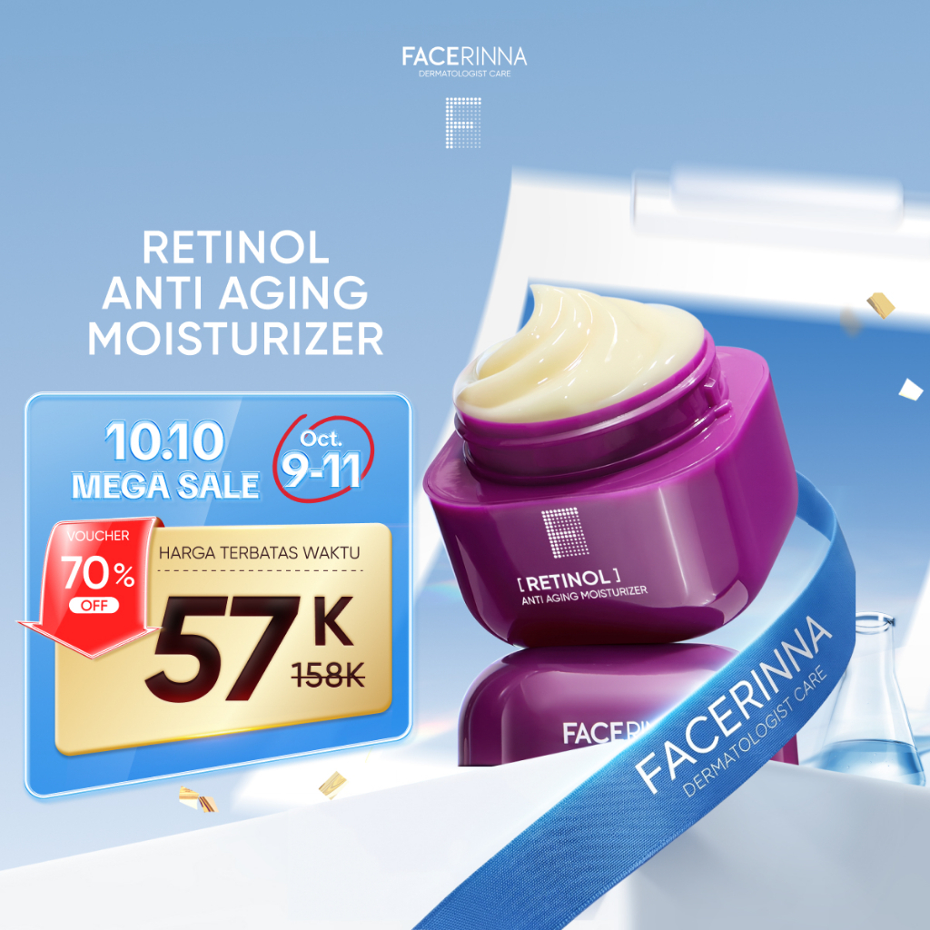 FACERINNA Retinol Anti-Aging Moisturizer | Kerutan Memudarkan Garis Halus Meratakan Warna Kulit Menghaluskan Tekstur Kulit Mencerahkan Flek Hitam Melembapkan Menjaga Elastisitas Kulit Membantu Regenerasi Kulit Menghidrasi Kulit Kering Skincare BPOM