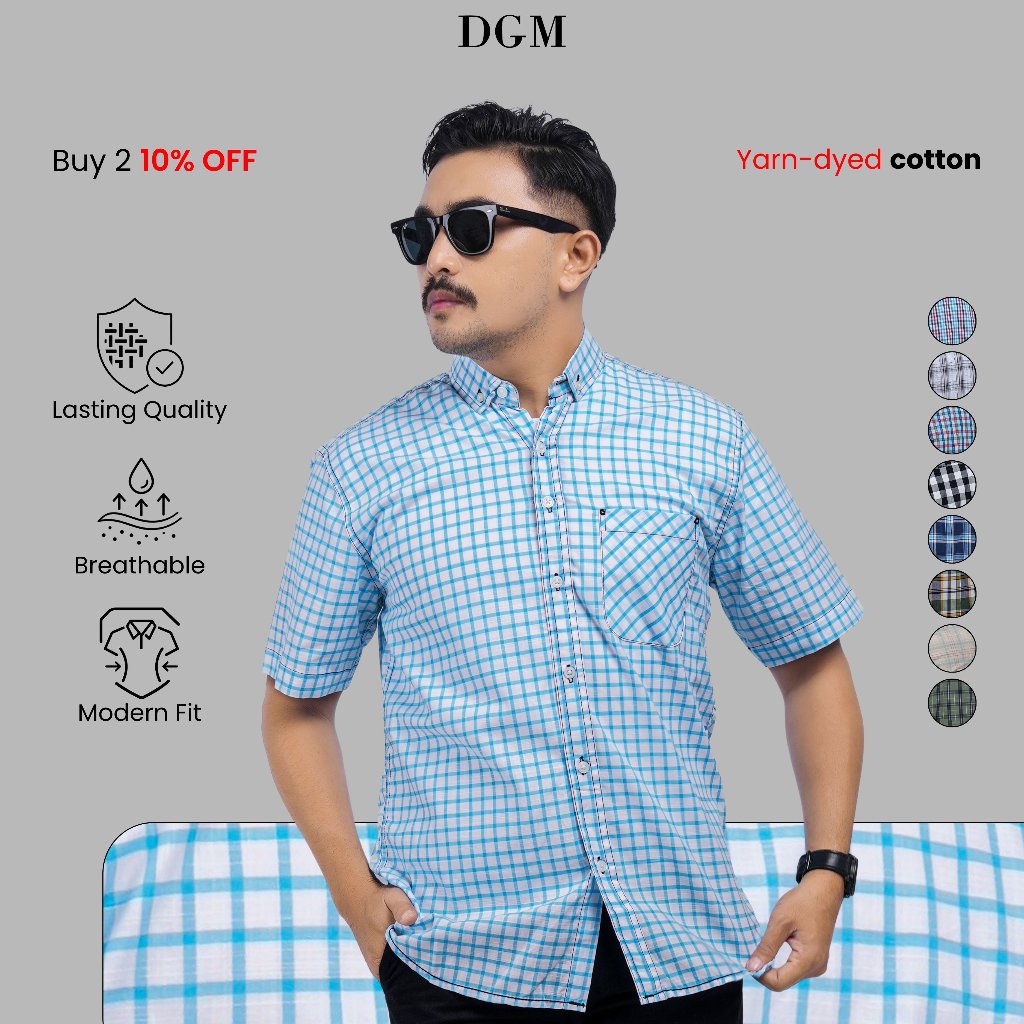 DGM Kemeja Pendek Kemeja Pria Yarndyed Pendek Kotak Kemeja Yarn Dyed Kotak Kecil Putih Garis Biru Mu
