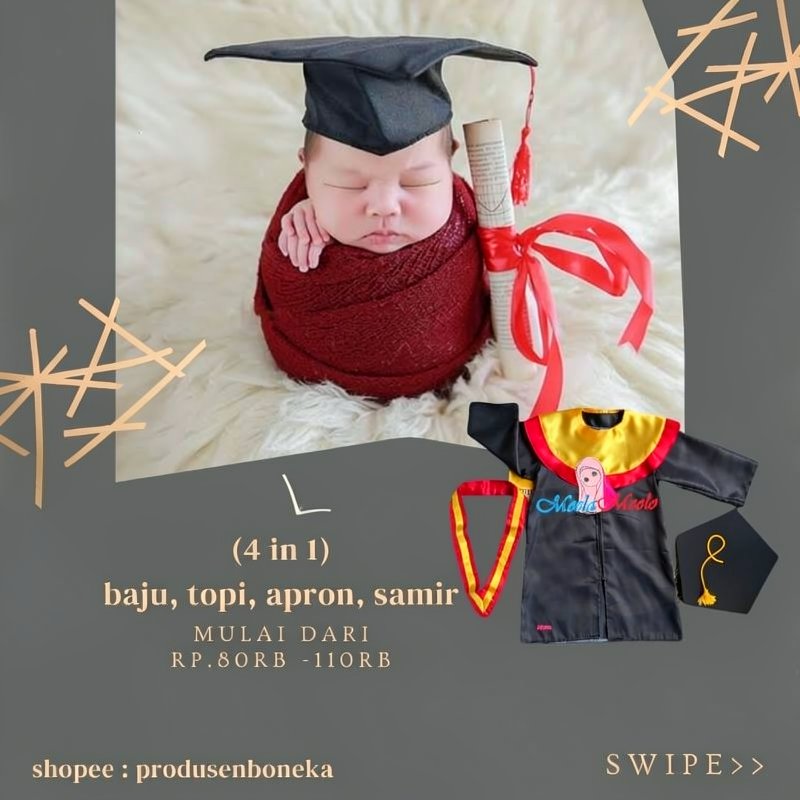 Baju Wisuda Newborn Tk-Sd / Jubah Toga Perlengkapan Wisuda / Kostum Photoshoot Topi Toga Wisuda