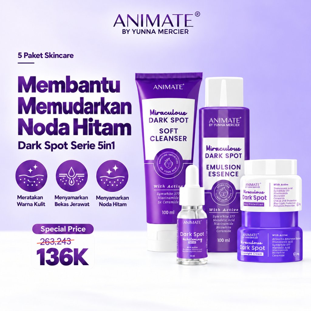 [BUNDLE] Animate Paket Ungu 5in1 Dark Spot Original BPOM - Paketan Lengkap Skincare Wajah Membantu M