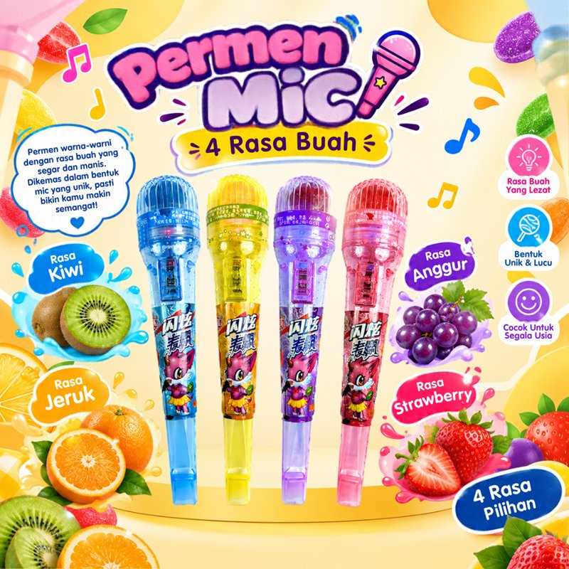Permen Mic Unik 4 Rasa Buah Segar - Permen Bentuk Microphone Lucu