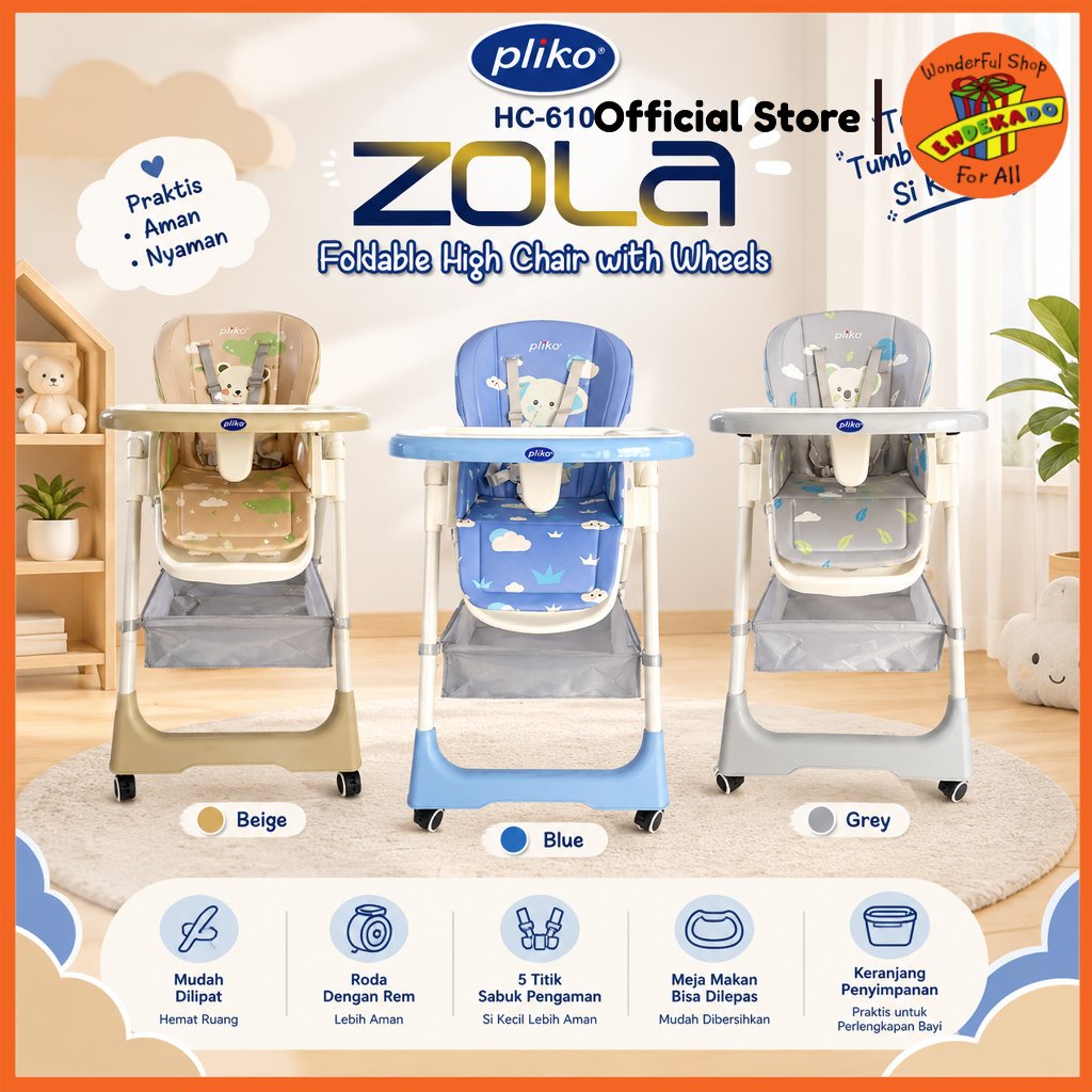 PLIKO High Chair with Wheels Zola HC610 | Kursi Makan Bayi Pakai Roda | High Chair Baby