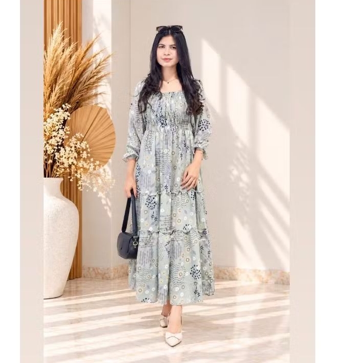 FLORAL MAXI DRESS RAYON – ABU-ABU MOTIF BUNGA-BUNGA