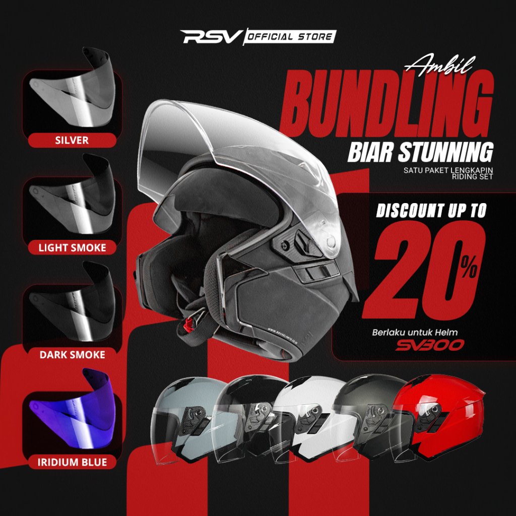 (Bundle) Helm RSV SV300 Series + Extra Visor Warna (Smoke/Iridium) – Half Face Unisex RSV Helmets