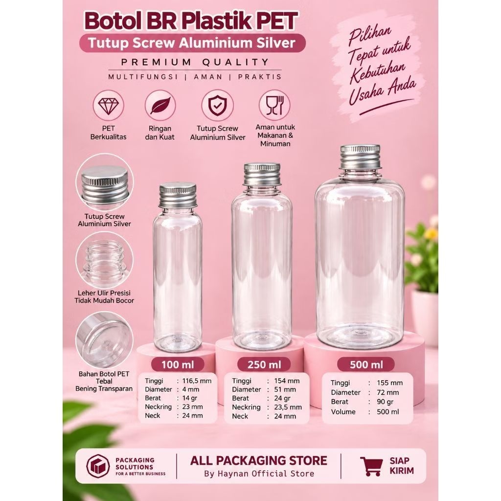 Botol BR Plastik PET Tutup Screw Aluminum Silver 100ml 250ml 500ml | Botol Kosong Clear Transparan S