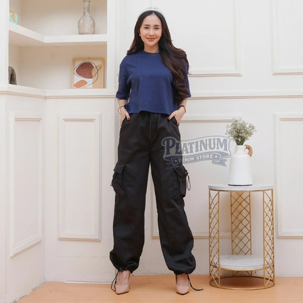 PLATINUM | Celana Cargo Wanita Highwaist Loose Fit Model Korea | Celana Cargo Cewek Baggy Casual