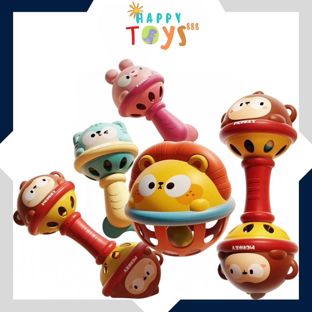 Happytoys.888 #D21 Baby Rattle Bayi Teether Tangan Menangkap Bola Lonceng Dapat Menggigit Gigi Gerinda Kartun Bayi Mainan Pendidikan Dini