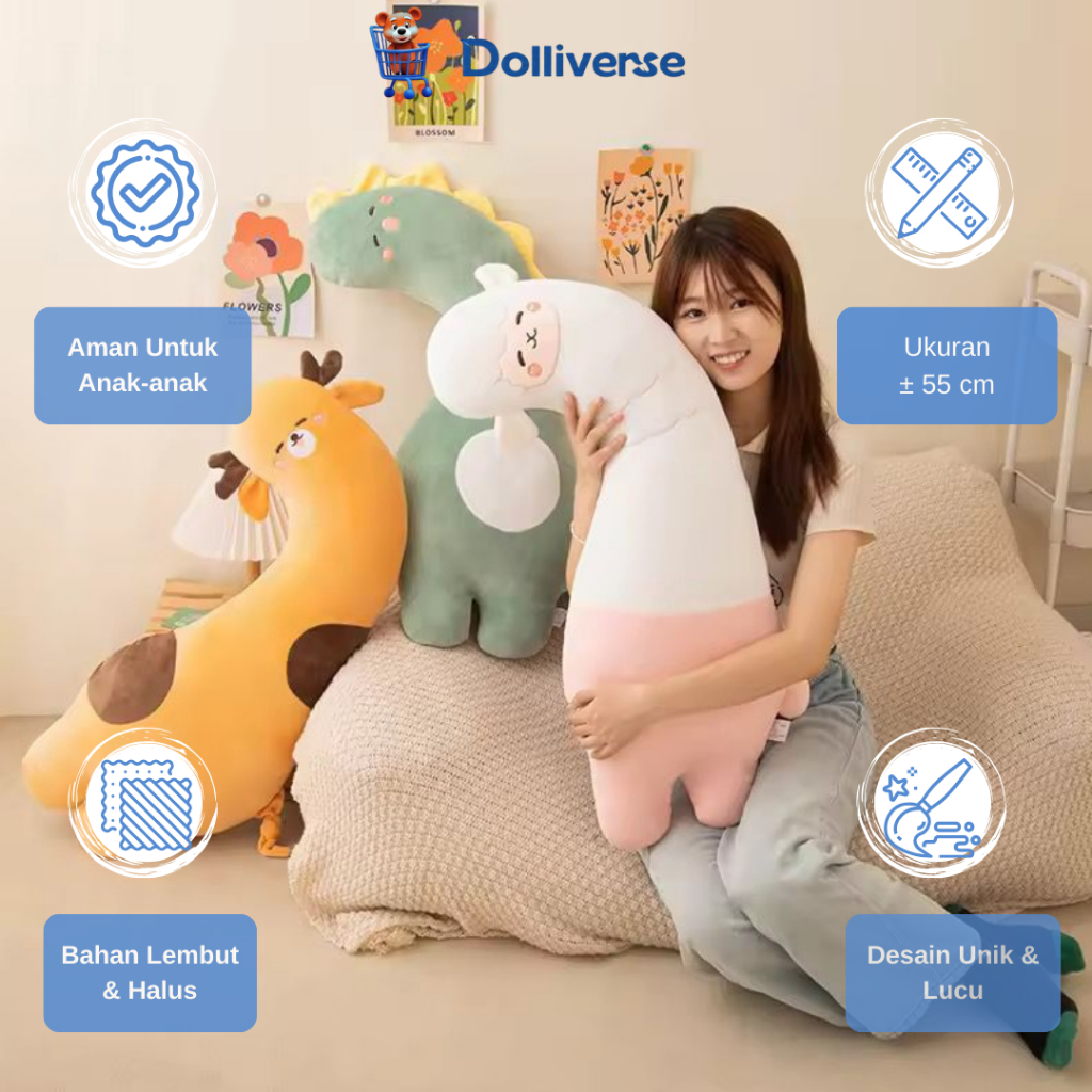 Boneka Dolliverse Bantal Guling Mewah Jumbo ukuran 55cm Karakter Alpaca, Dino, Jerapah Hadiah Gift